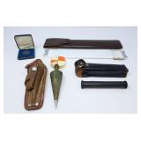 Vintage plumb bob, pico S278 level, ruler, and