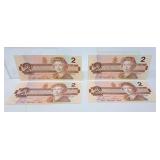 4 Canada 1986 $2 Bills. UNC