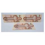 3 Canada 1986 Choice UNC $2 Bills