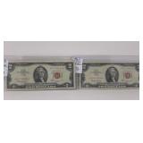 Two 1963 USA Two Dollar Bills With Red Seal