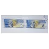 2 in a row 2002 Canada $5 Bills