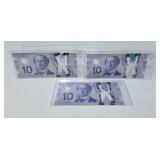 3 in a row 2013 Canada $10 Bills. Good UNC