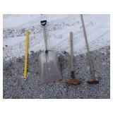 Garden Tools including hoes, bin, shovel, wheels,