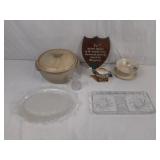 Crystal glass decanter, and serving trays.