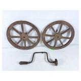 Hand drill & 2 vintage wheels. Great for decor