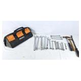 Ridgid tool bag, assorted wrenches, hammers, abd