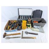 Gloves, screw drivers, hammer, square, adjustable