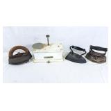 3 vintage irons and vintage Torsion Balance Scale