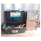 2 garage organizers,  toolbox with contents,