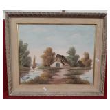 Vintage Signed Cottage Hamlet Painting. Framed