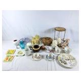 Angel decor, vintage mugs, cut glass bowl,