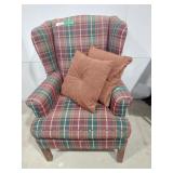 Plaid wing back chair with 2 throw pillows