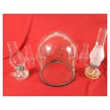 Large glass globe dome, oil lamps, and 4 extra