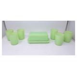 Jadeite Uranium Glass Butter Dish & 6 Juice