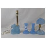 Blue depression glass lamps and lamp bases