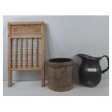 Tin pitcher, Terracotta pot and tin washboard