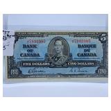 1937 Canada Five Dollar Bill with Vibrant Color