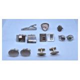 Four Sets of Sterling Silver Cufflinks, Tie Clip