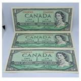 Three in a Row 1954 Canada One Dollar Bills