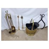 Gold tone fireplace tools and ash bucket with log