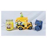 School Bus Cookie Jar, Vintage Squirrel Bank &