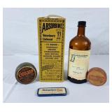 Vintage Absorbine Bottle w/Box, Ointment Tins &