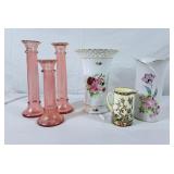 Pink Glass Candle Holders, Coalport Creamer &