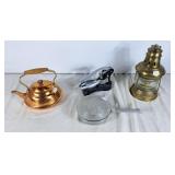 Copper kettle, aluminum pan, oil lamp and