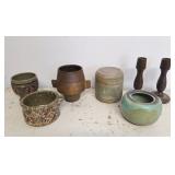 5 Pottery artworks and 2 wooden candle stick