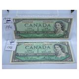 Two in a Row 1954 Canada One Dollar Bills