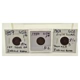 3 Rare Indian Head Pennies 1859, 1860, 1862.