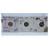 1898, 1916 and 1920 British Three Pence Coins