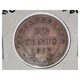 Fine 1912 Newfoundland 20 Cent Piece. Is Bent.