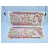 Two in a Row 1974 Canada Two Dollar Bills