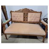 Vintage Cushion Settee - Ornate Wood Frame w/Pink