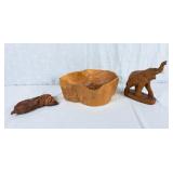 Carved wooden Elephant, Carved Wooden Bowl and