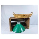 Vintage Enamel Light, Wood Crate & Large Woven
