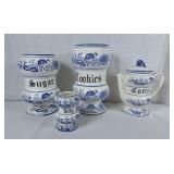Blue Onion Ceramic Canister Set. Sugar, Cookies,