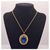 Large Blue Glass Pendant with Cubic Zirconia on
