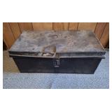 Metal trunk with masks. 29 1/2' l x 15' d x 11