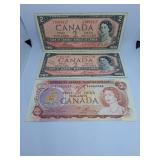 Two 1954 and One 1974 Canada Two Dollar Bills