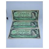 Three 1967 Canada One Dollar Bills