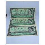 Three 1967 Canada One Dollar Bills