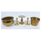 2 brass planters, pair of candle holders, and 1