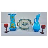 Vintage Hobnail Pitcher, Blue Vase & Decanter,