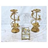 Pair of Brass Reindeer candle holders and bird