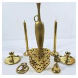 Brass bud vase, candle sticks, vintage brass bell
