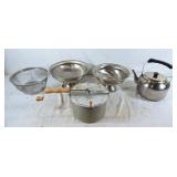Kettle, fruit bowls, whirley popcorn maker, etc