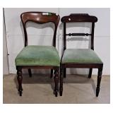 Pair of Vintage Wood Chairs w/Green Velvet Seats
