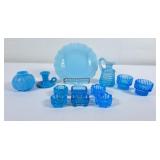 Vintage Blue Glass Salt Cellars, Hobnail Pitcher,